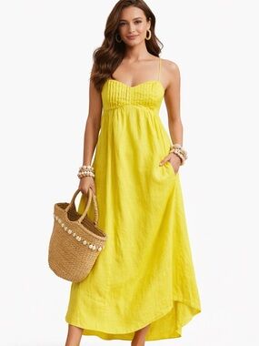 Anthro Maeve Yellow Linen Maxi Dress XL Tie Back Pockets Summer